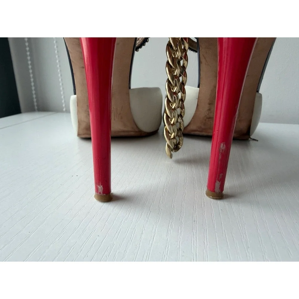 GUESS Marciano Chain Heels Leather Peep Toe Pumps Y2K Size 37.5 US 7.5